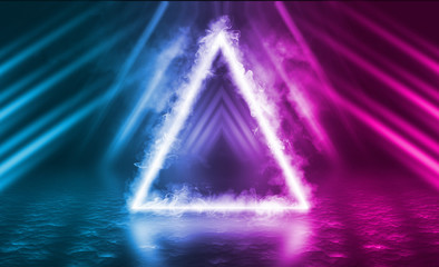 Empty background scene. Dark reflection of the street on the wet asphalt. Rays of neon light in the dark, neon figure of a triangle, smoke. Background of empty stage show. Abstract dark background.