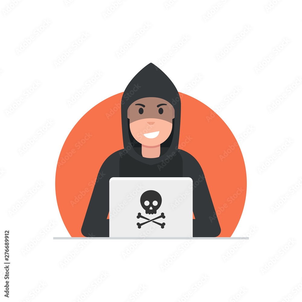 Poster hacker sitting at the desktop and hacking secret data on the laptop. vector illustration.