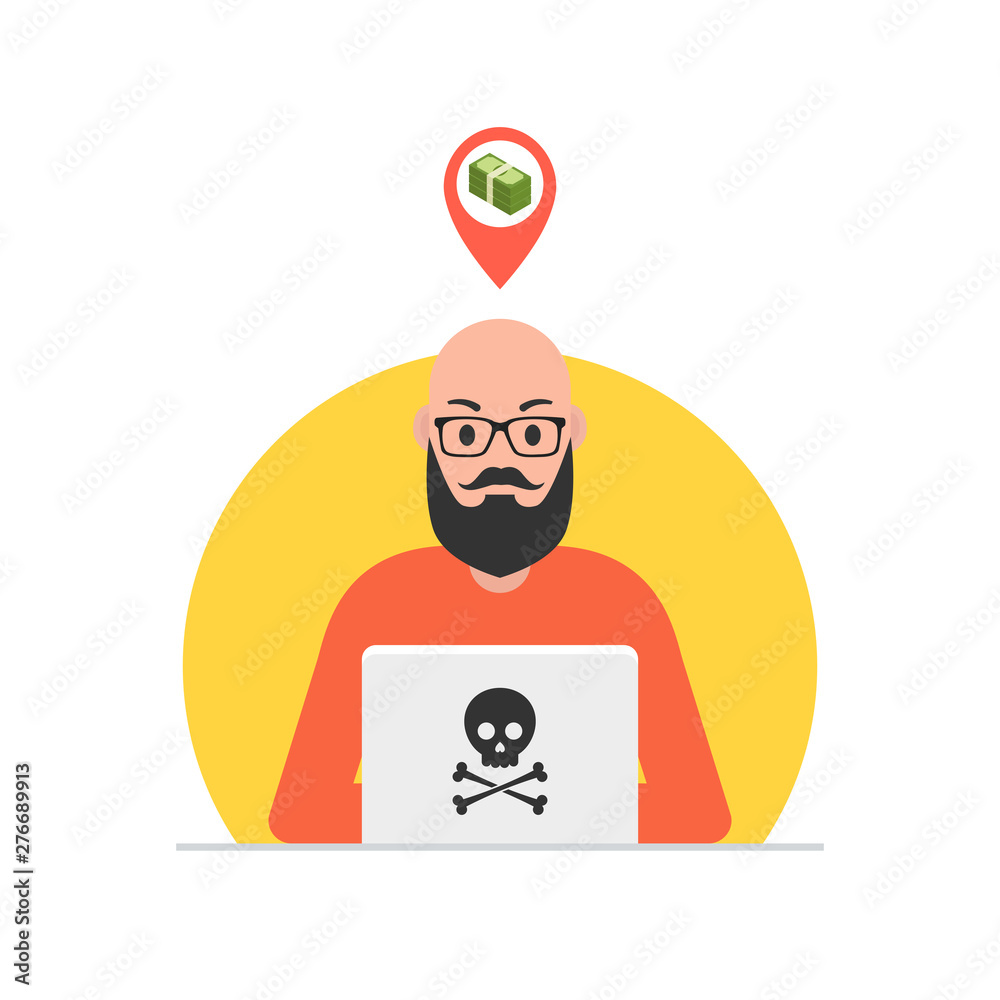 Poster hacker sitting at the desktop and hacking secret data on the laptop. vector illustration.
