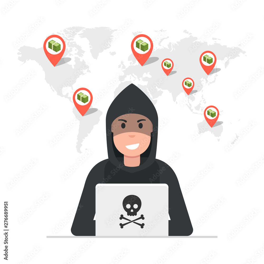 Poster hacker sitting at the desktop and hacking secret data on the laptop. world map and points on backgro