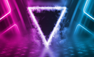 Empty background scene. Dark reflection of the street on the wet asphalt. Rays of neon light in the dark, neon figure of a triangle, smoke. Background of empty stage show. Abstract dark background.