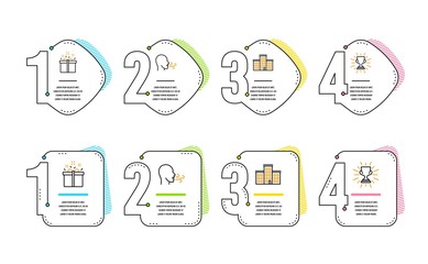 Company, Special offer and Breathing exercise icons simple set. Trophy sign. Building, Delivery box, Breath. Winner cup. Business set. Infographic timeline. Line company icon. 4 options or steps