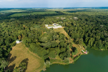 Aerial summer view of Kachanivka (Kachanovka) nature reserve and Tarnovsky palace in Chernihiv region, Ukraine