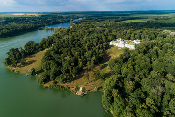 Fototapeta na wymiar Aerial summer view of Kachanivka (Kachanovka) nature reserve and Tarnovsky palace in Chernihiv region, Ukraine