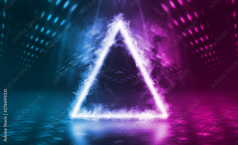 Aufkleber Empty background scene. Dark reflection of the street on the wet asphalt. Rays of neon light in the dark, neon figure of a triangle, smoke. Background of empty stage show. Abstract dark background.