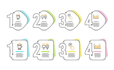 Reject click, Latte coffee and Computer cables icons simple set. Bar diagram sign. Delete button, Hot drink with whipped cream, Rj45 internet. Statistics infochart. Business set. Infographic timeline