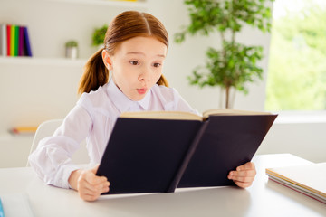 Close up photo astonished impressed kid hold hand look information home schooling want be geek...