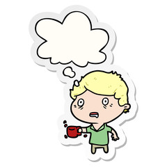 cartoon man with cup of coffee and thought bubble as a printed sticker