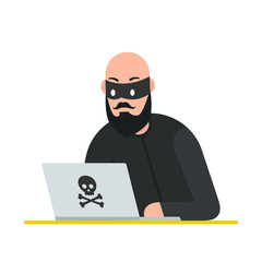 Hacker thief with laptop. Cyber attack. Vector illustration.