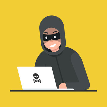 Hacker Thief With Laptop. Cyber Attack. Vector Illustration.