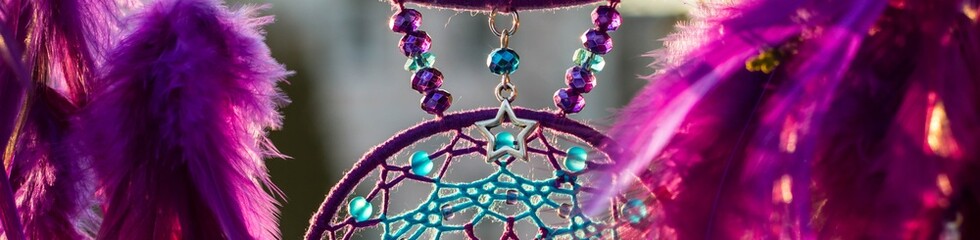 Banner of Handmade dream catcher with feathers threads and beads rope hanging - obrazy, fototapety, plakaty