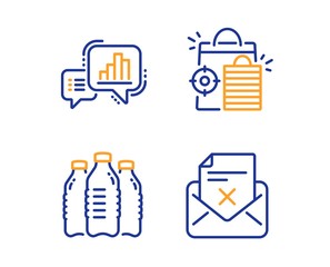 Seo shopping, Water bottles and Graph chart icons simple set. Reject letter sign. Analytics, Aqua drinks, Growth report. Delete mail. Business set. Linear seo shopping icon. Colorful design set