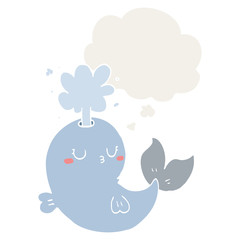 cartoon whale spouting water and thought bubble in retro style