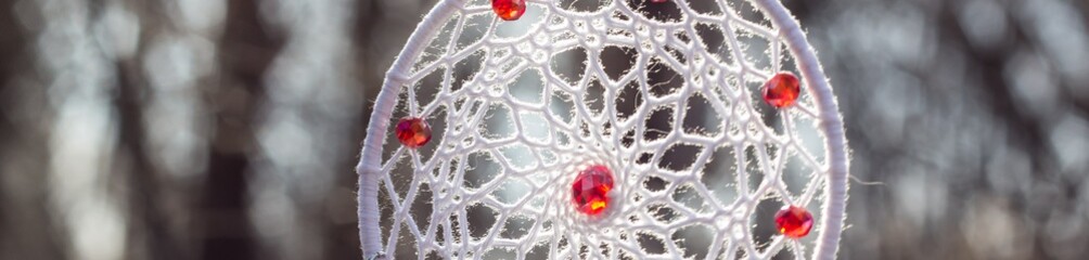 Banner of Handmade dream catcher with feathers threads and beads rope hanging