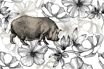 Pig with roses, snowdrops and hibiscus, seamless pattern. Hand-drawn, vector illustration. - 276691930