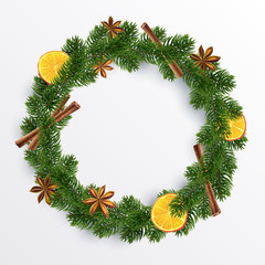 Fototapeta na wymiar Xmas Wreath. Garland of spices, orange and fir