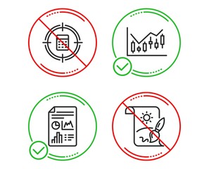 Do or Stop. Calculator target, Report document and Financial diagram icons simple set. Creative painting sign. Audit, Growth chart, Candlestick chart. Graphic art. Education set. Vector