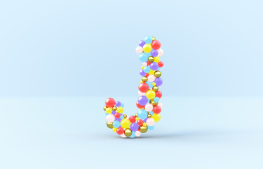 Sweet candy balls letter J. 3D render glossy font on isolated background.