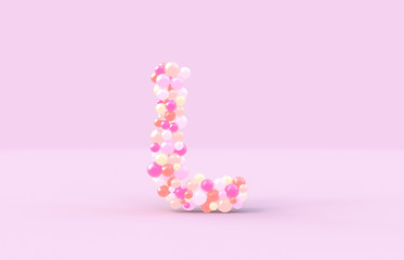 Sweet candy balls letter L. 3D render glossy font on isolated background.