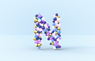 Sweet candy balls letter N. 3D render glossy font on isolated background.