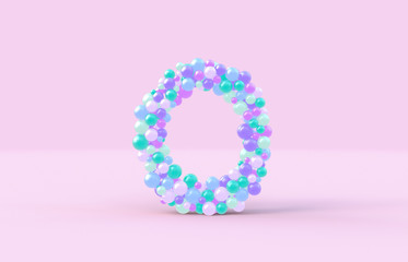 Sweet candy balls letter O. 3D render glossy font on isolated background.