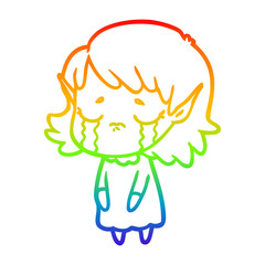 rainbow gradient line drawing crying cartoon elf girl