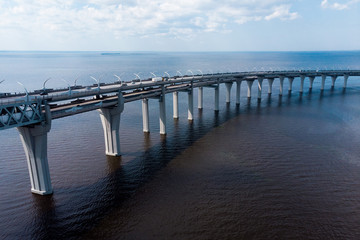 Fototapeta na wymiar Aerial View of the bridge with cars through the high-speed way. Highway road line. Highway. ZSD,Western High Speed Diameter