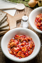 Lecho - stew with peppers, onions and sausages.