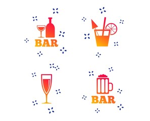 Bar or Pub icons. Glass of beer and champagne signs. Alcohol drinks and cocktail symbols. Random dynamic shapes. Gradient bar icon. Vector