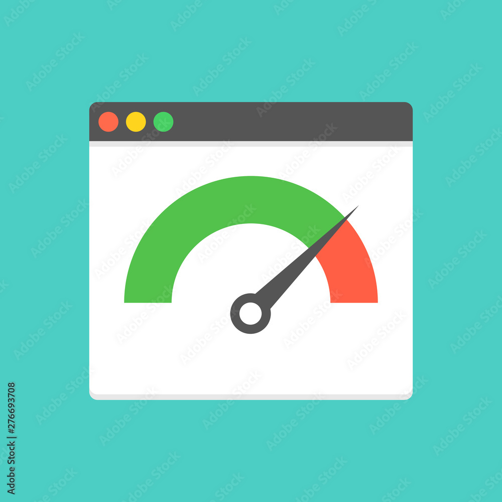 Poster website speed loading time. web browser with speedometer test showing fast good page loading speed t