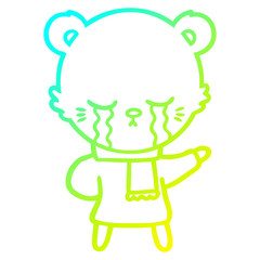 cold gradient line drawing crying cartoon bear wearing winter clothes