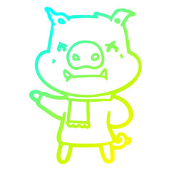cold gradient line drawing angry cartoon pig in winter clothes