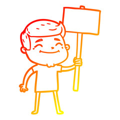 warm gradient line drawing happy cartoon man with placard