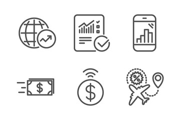 Checked calculation, Money transfer and World statistics icons simple set. Graph phone, Contactless payment and Flight sale signs. Statistical data, Cash delivery. Finance set. Vector