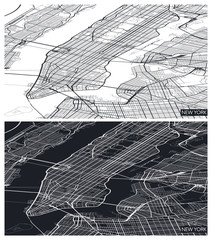 Aerial top view city map New York, black and white detailed plan, urban grid in perspective, vector illustration