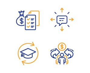 Sms, Continuing education and Accounting wealth icons simple set. Sharing economy sign. Conversation, Online education, Audit report. Share. Education set. Linear sms icon. Colorful design set. Vector