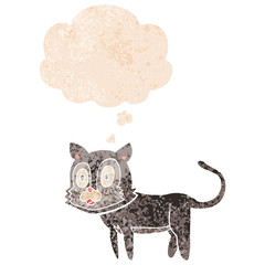 happy cartoon cat and thought bubble in retro textured style