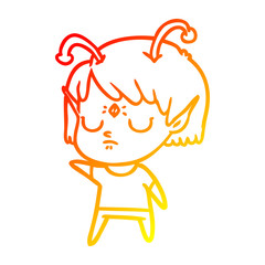 warm gradient line drawing cartoon alien girl