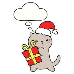 cute cartoon cat carrying christmas present and thought bubble