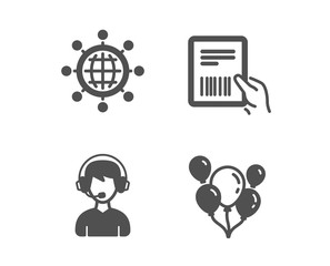 Set of International globe, Consultant and Parcel invoice icons. Balloons sign. World networking, Call center, Delivery document. Air balloons.  Classic design international globe icon. Flat design