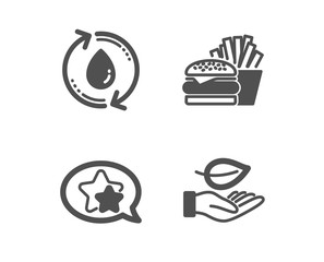Set of Refill water, Burger and Star icons. Leaf sign. Recycle aqua, Cheeseburger, Favorite. Plant care.  Classic design refill water icon. Flat design. Vector