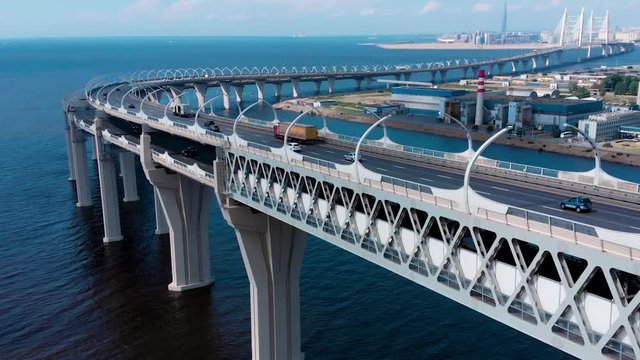 Aerial View of the bridge with cars through the high-speed way. Highway road line. Highway. ZSD,Western High Speed Diameter