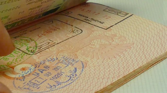 Flipping Through The Passport With Stamps And Visas