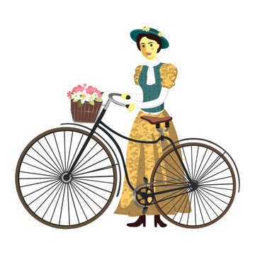 Retro lady on a bicycle with hat and basket vector Illustration isolated