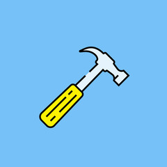 Hammer line icon. Hardware tool symbol with yellow handle isolated on blue background. Vector illustration.