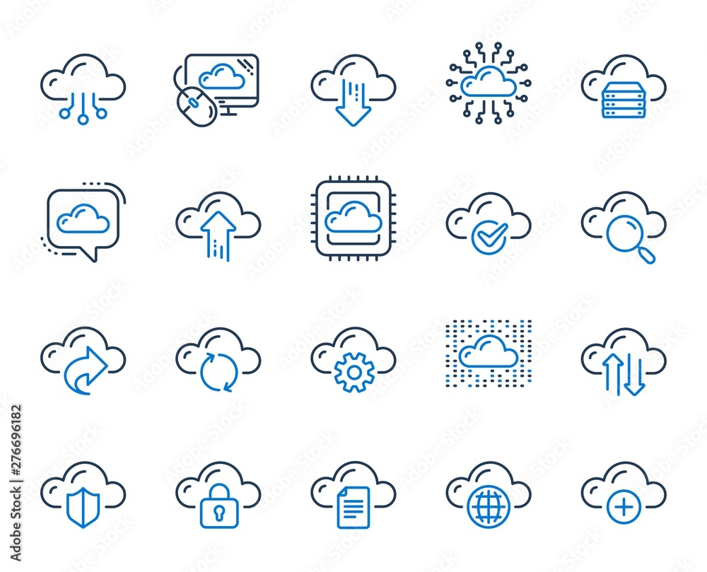 Poster cloud data and technology line icons. set of hosting, computing data and file storage icons. archive