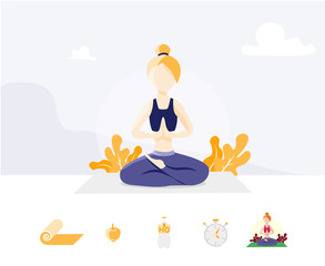 Template of Yoga School, Studio. Modern flat design concept art for web page design for website and mobile website. Woman does yoga exercise, yoga pose (lotus). Vector illustration - Vector