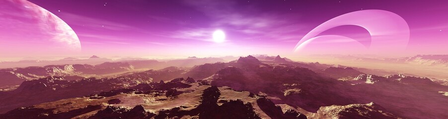Alien landscape, sunset panorama on alien, 3d rendering