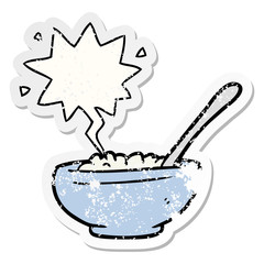 cartoon bowl of rice and speech bubble distressed sticker