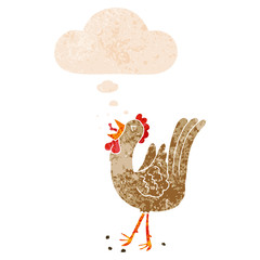 cartoon crowing cockerel and thought bubble in retro textured style